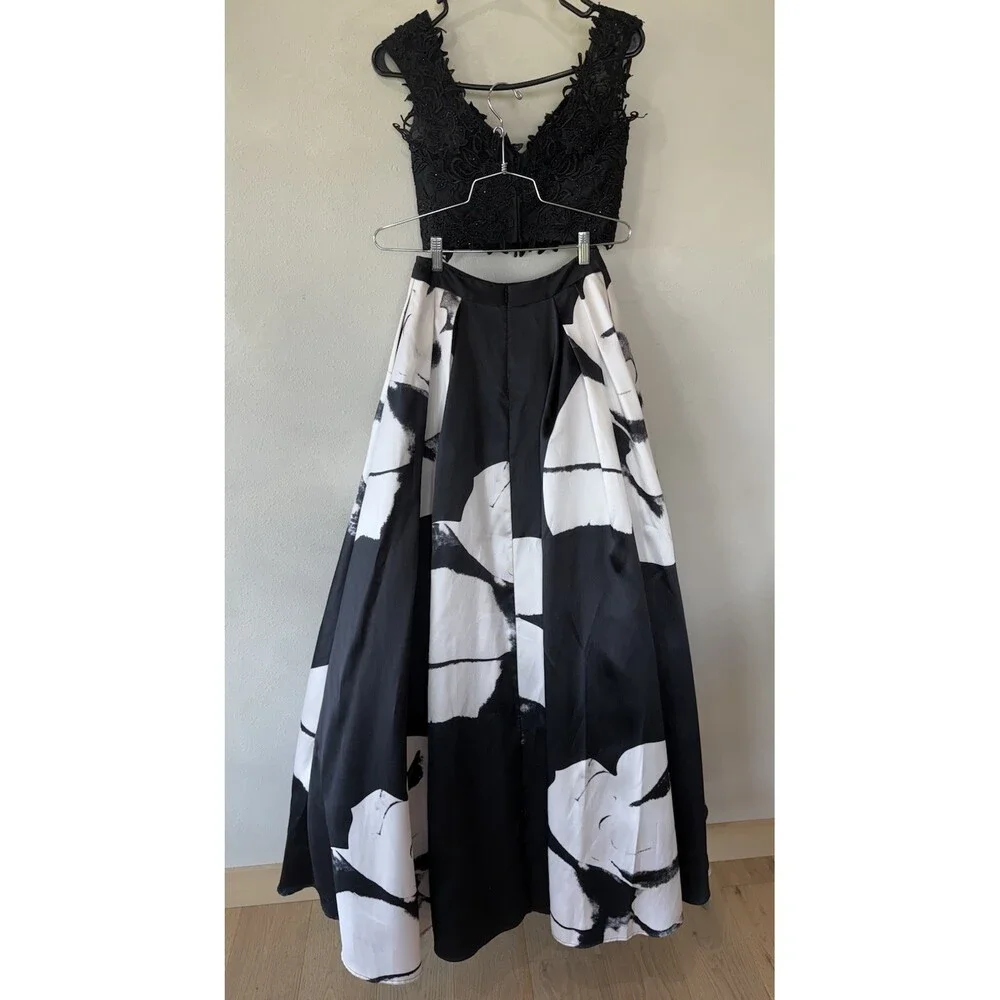 Madison James Women’s Gown Dress 0 2 XS Prom Formal Maxi Top Skirt Black White - Picture 5 of 9